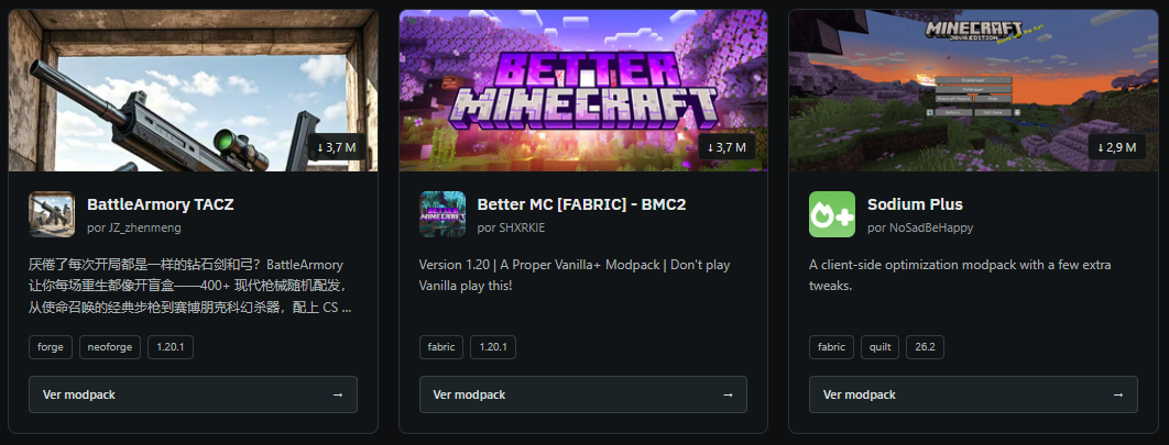 Catálogo del panel con tarjetas de modpacks, sus autores, etiquetas de compatibilidad y acceso a los detalles