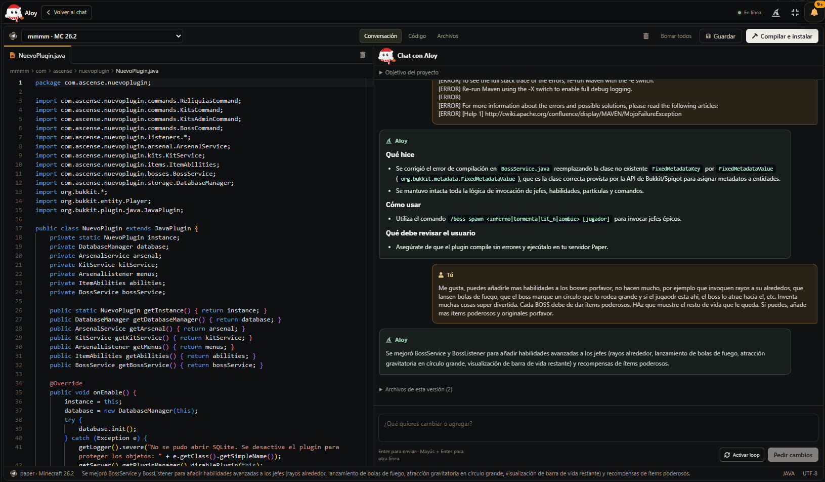 Workspace de Aloy con editor Java, archivos del proyecto y conversación para añadir funciones a un plugin